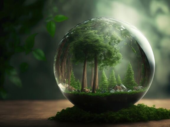 Floresta num globo de vidro representando a relação entre sustentabilidade e forro de PVC