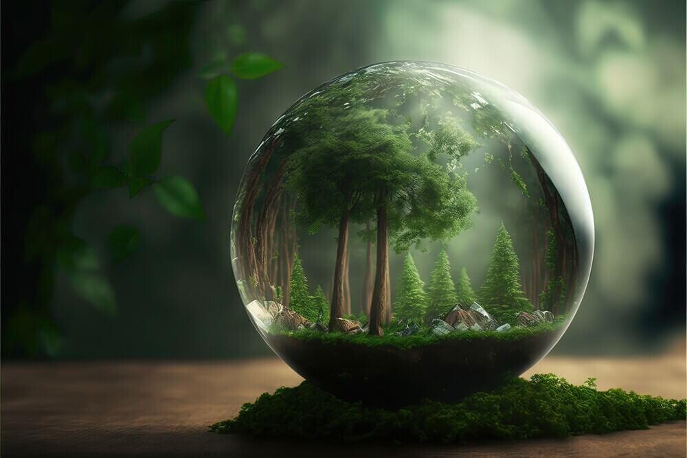 Floresta num globo de vidro representando a relação entre sustentabilidade e forro de PVC