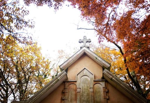 fachada de uma igreja no outono